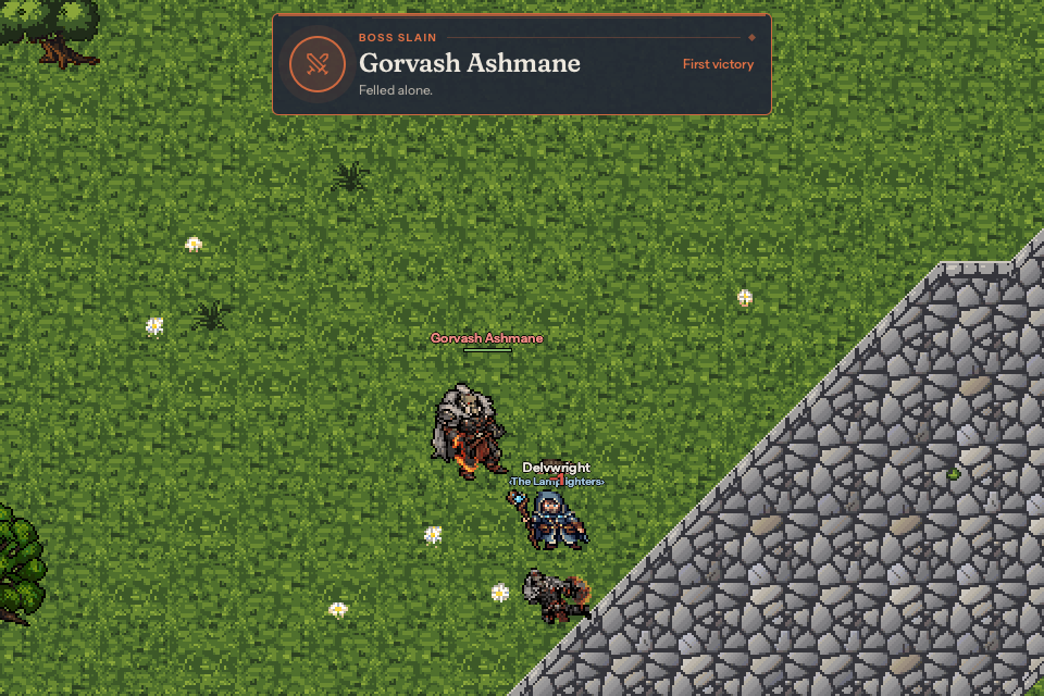 The banner after a boss kill: Boss slain, Gorvash Ashmane, felled alone, first victory