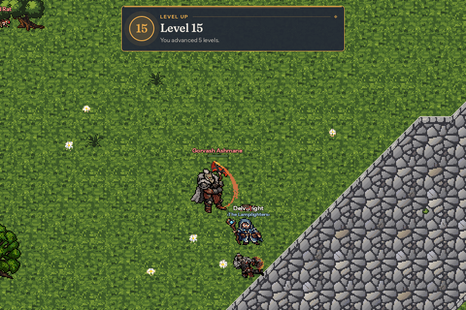 The level-up banner: level 15, you advanced five levels