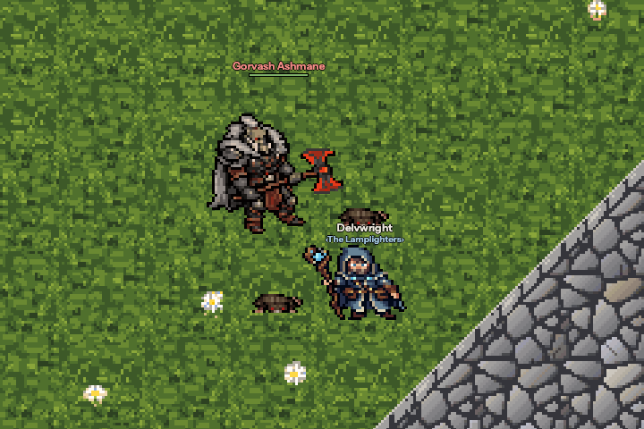 Close up: Gorvash Ashmane, a grey-maned orc with a great axe, hit by a purple curse