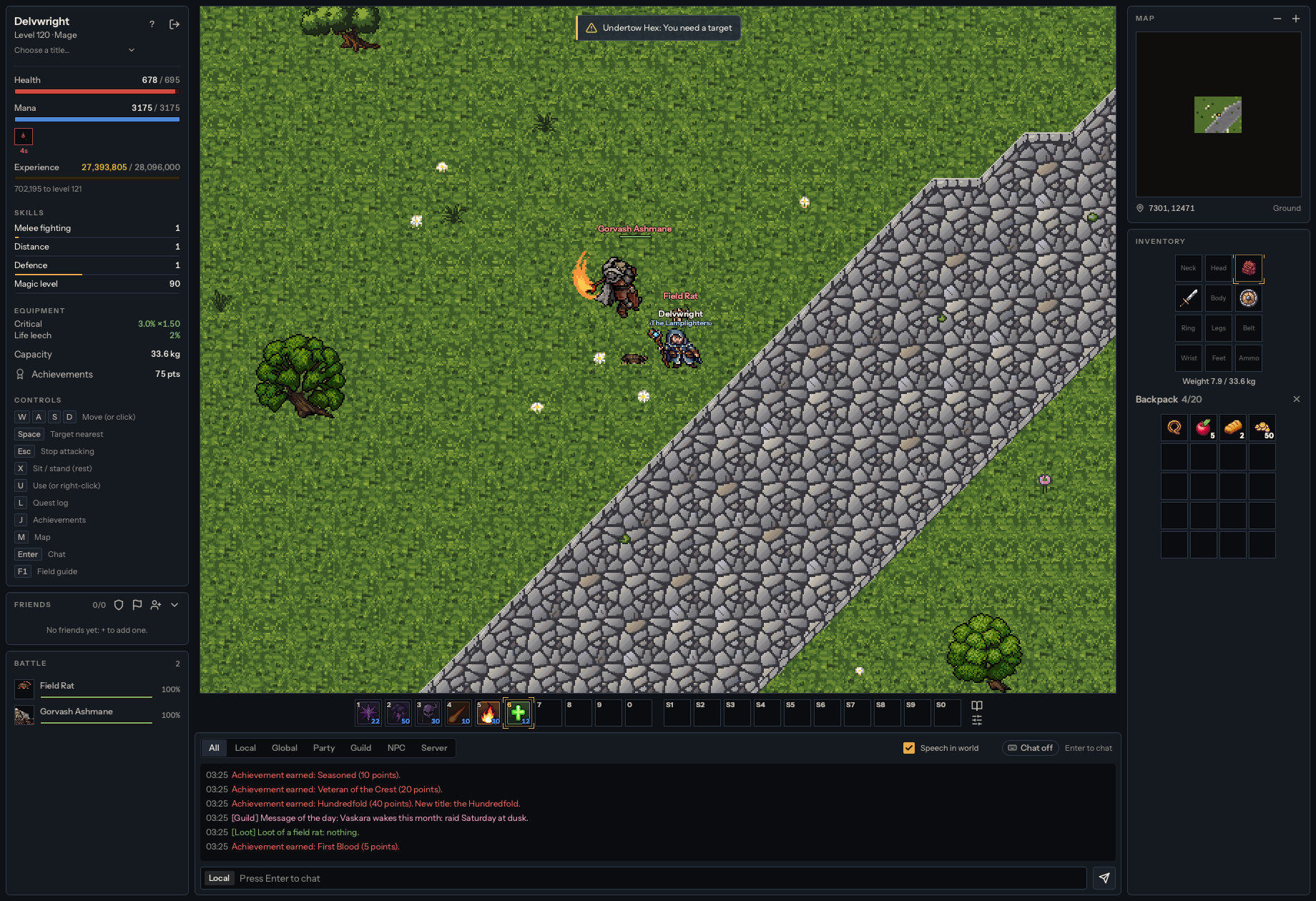 The game client in a boss fight: a mage casts at Gorvash Ashmane, an orc boss, and his orc raider on a cobbled road, with the battle list, character stats, inventory, minimap and action bars
