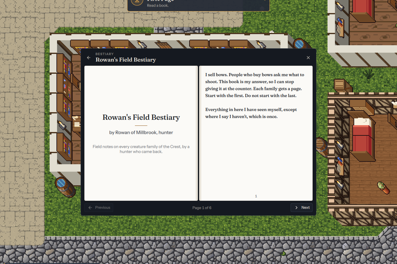 A book open in the Lantern Library: Rowan's Field Bestiary, by Rowan of Millbrook
