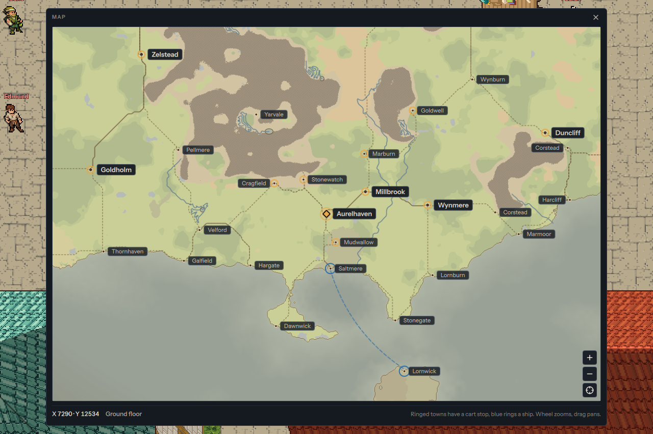 The map of the realm open in the client, with the towns, roads and the island of Velholm