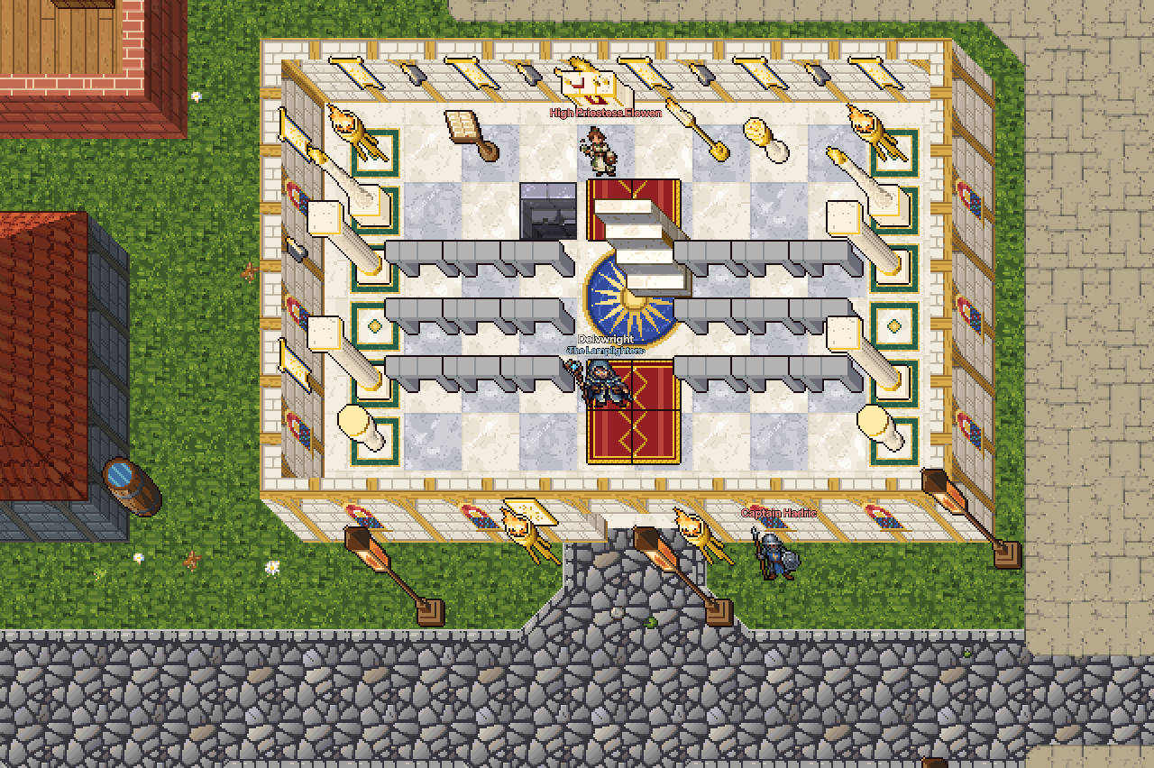 The Grand Temple of the Sun with the roof lifted: marble floor, pews, a golden sun mosaic and the high priestess at the altar, between clay-roofed houses